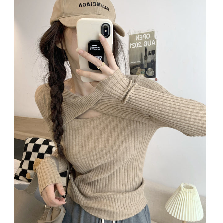 Damen Langarmshirt mit offener Schulterpartie und Rippstrickmuster Drune