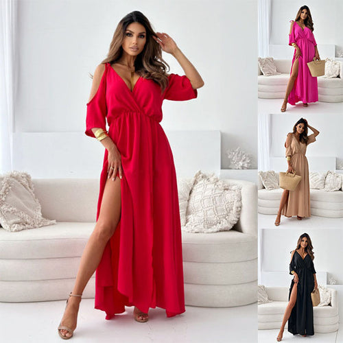 Damen Maxikleid mit schulterfreier Optik und elegantem V-Ausschnitt Drune