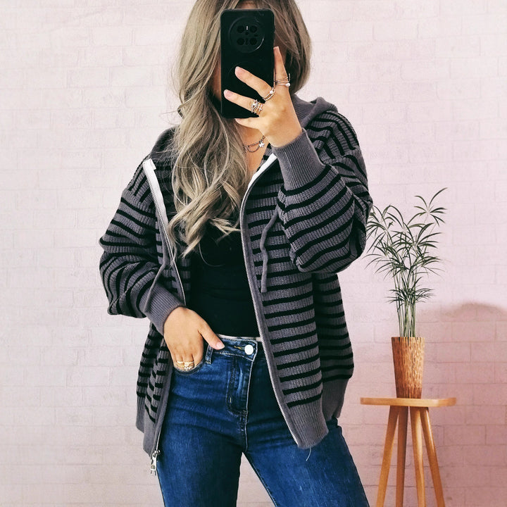Damen lässiger Hoodie mit gestreifter Struktur und praktischen Taschen Drune