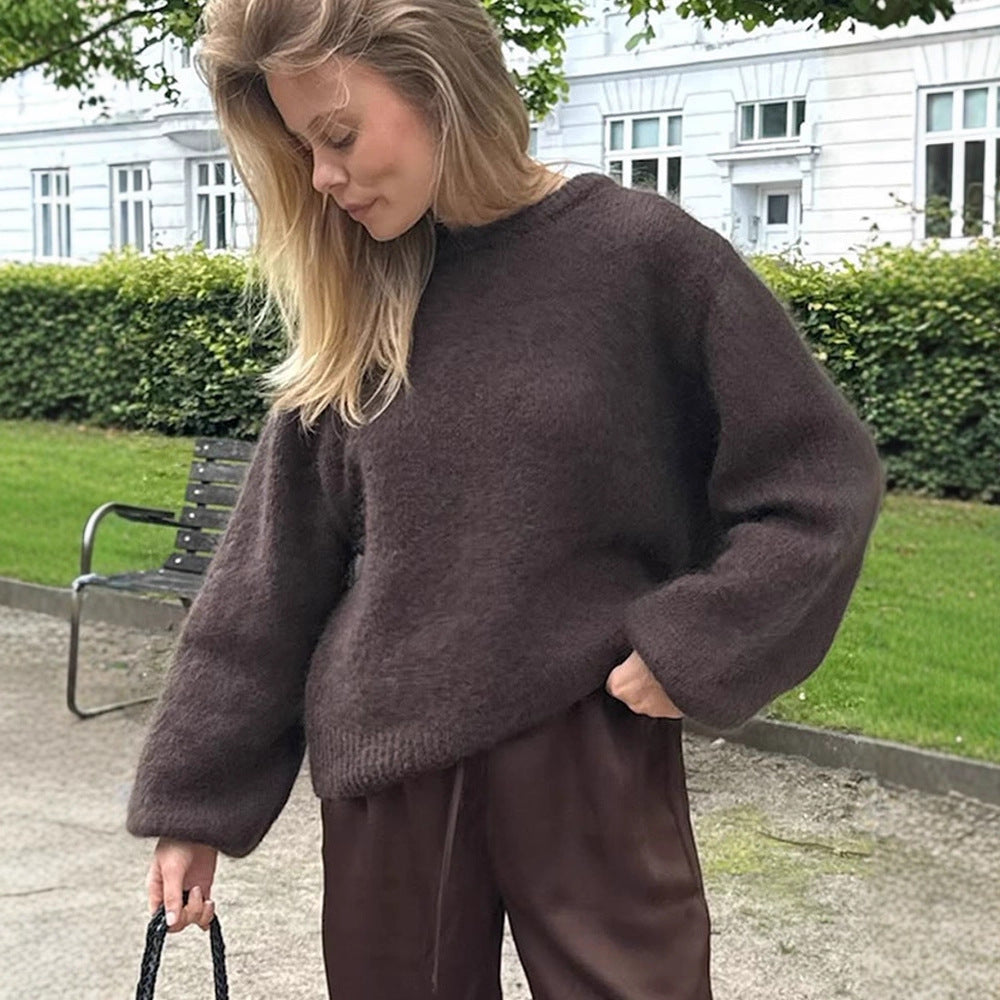 Damen Flauschiger Rundhals-Pullover mit Ballonärmeln und kastiger Silhouette Drune
