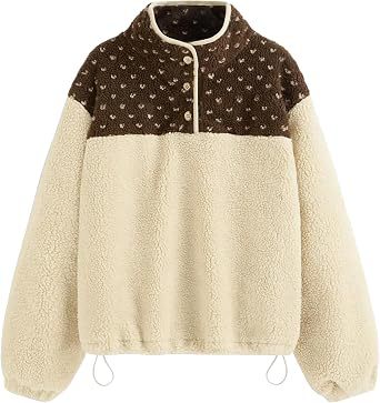 Damen Teddy-Fleece-Pullover mit Stehkragen, Druckknopfverschluss und Kordelzug Drune