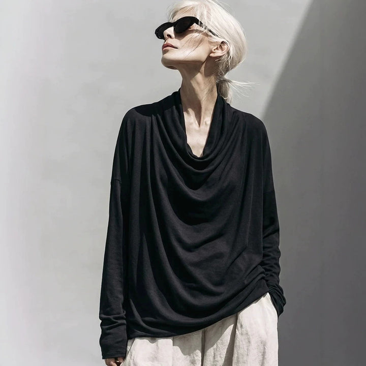 Damen Drapiertes Oversize-Langarmshirt mit Wasserfallkragen Drune