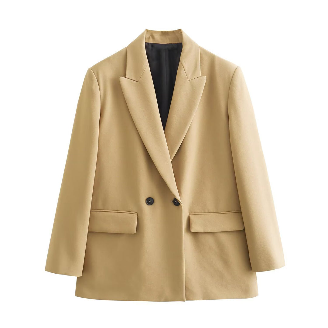 Damen Doppelreiher-Blazer mit Reverskragen, längerem Oversize-Schnitt und Pattentaschen Drune