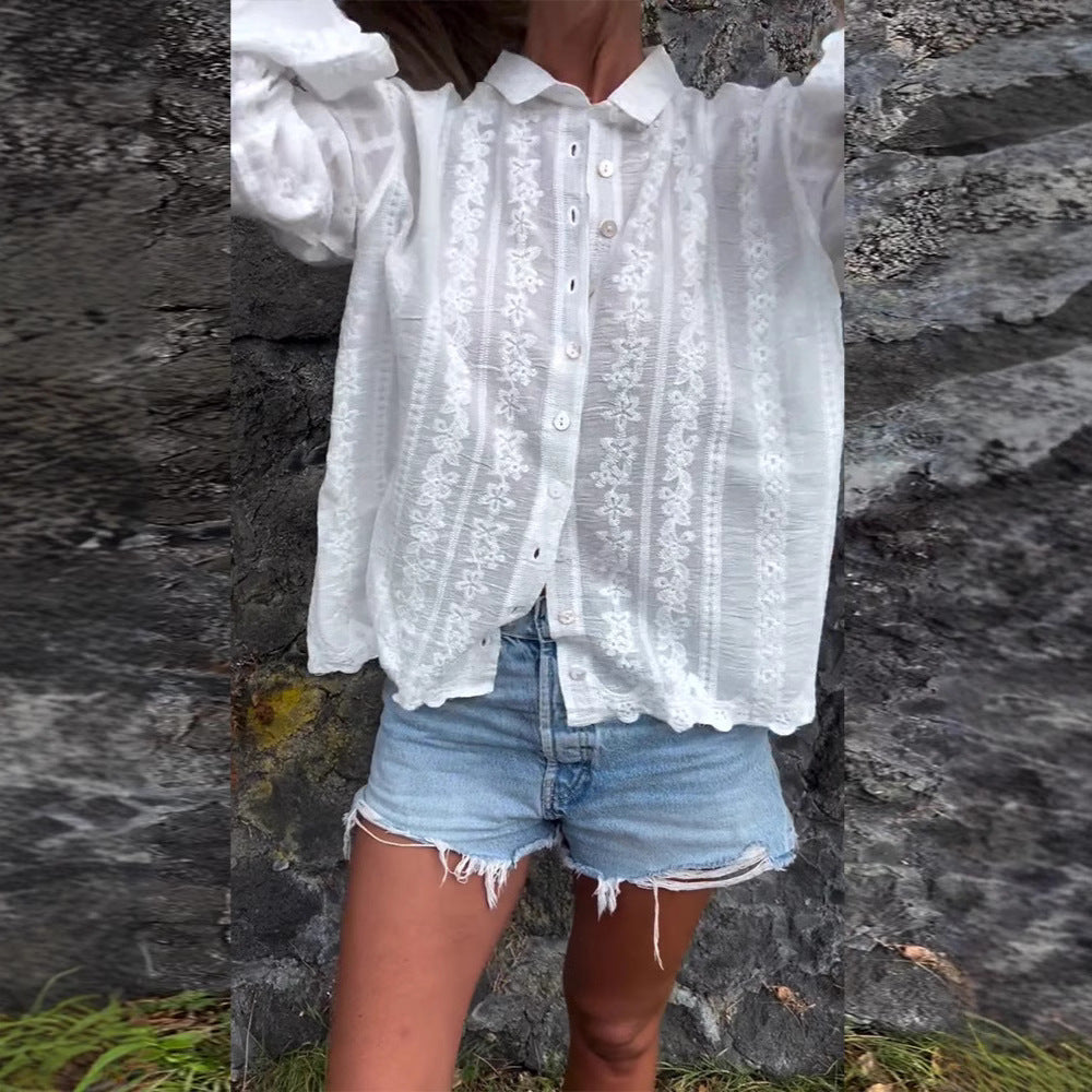 Damen nan bestickte Hemdbluse mit floraler Ajour-Stickerei, Perlmuttknopfleiste und legerer Oversize-Passform Drune