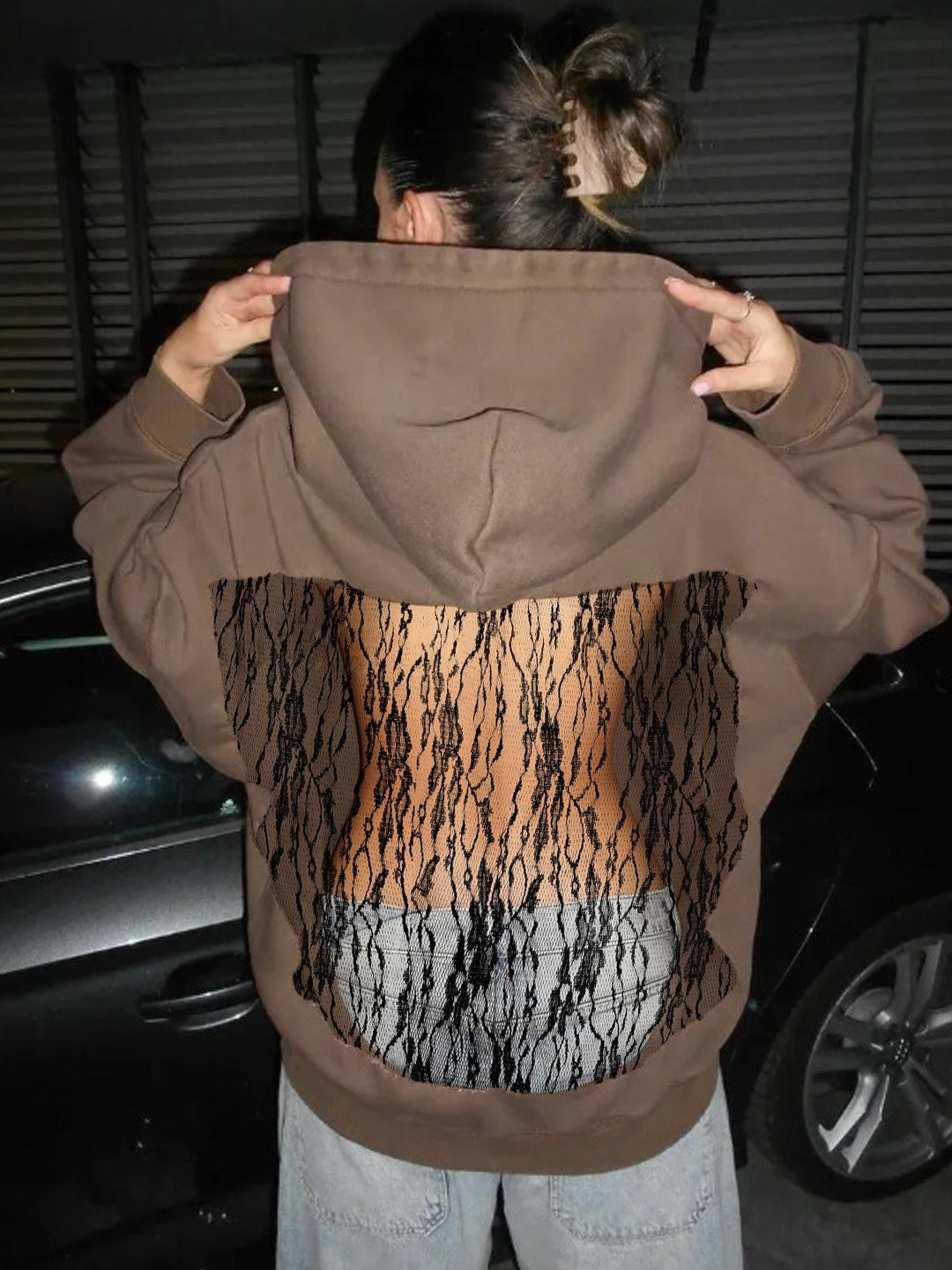 Damen Hoodie mit glitzerndem Mesh-Rückenapplikation Drune