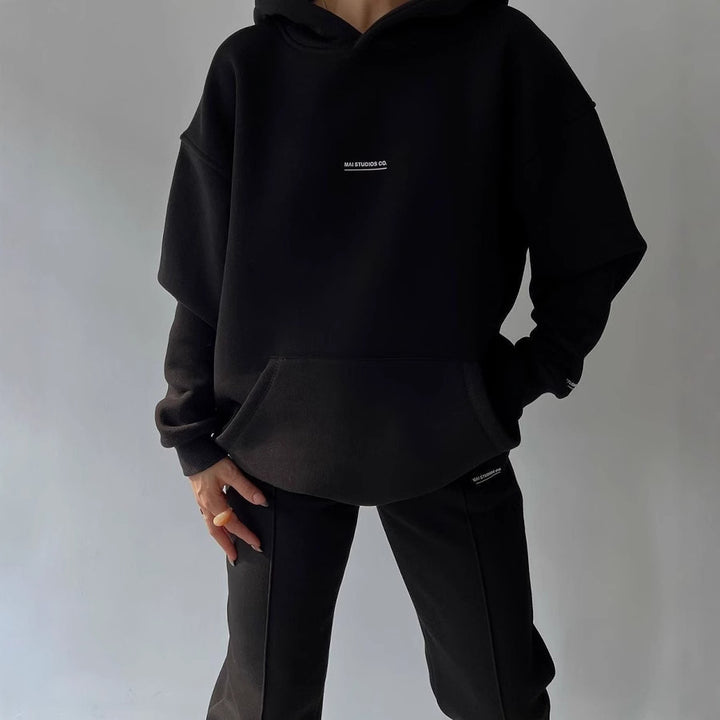 Damen Bequemer Oversized Hoodie mit Kängurutasche und modernem Schriftzug Drune