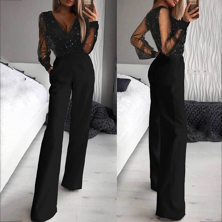 Damen Eleganter Jumpsuit mit transparenten Ärmeln und funkelnden Details Drune
