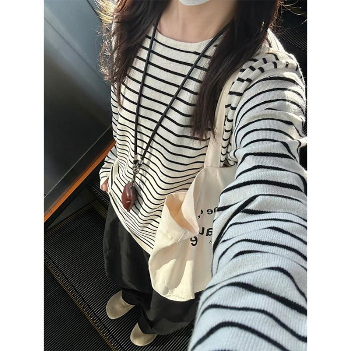 Damen lässiges Langarmshirt mit breiten Streifen Drune