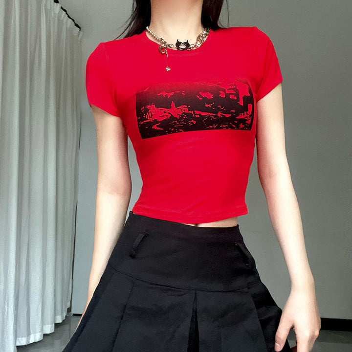 Damen modisches cropped T-Shirt mit grafischem Print Drune