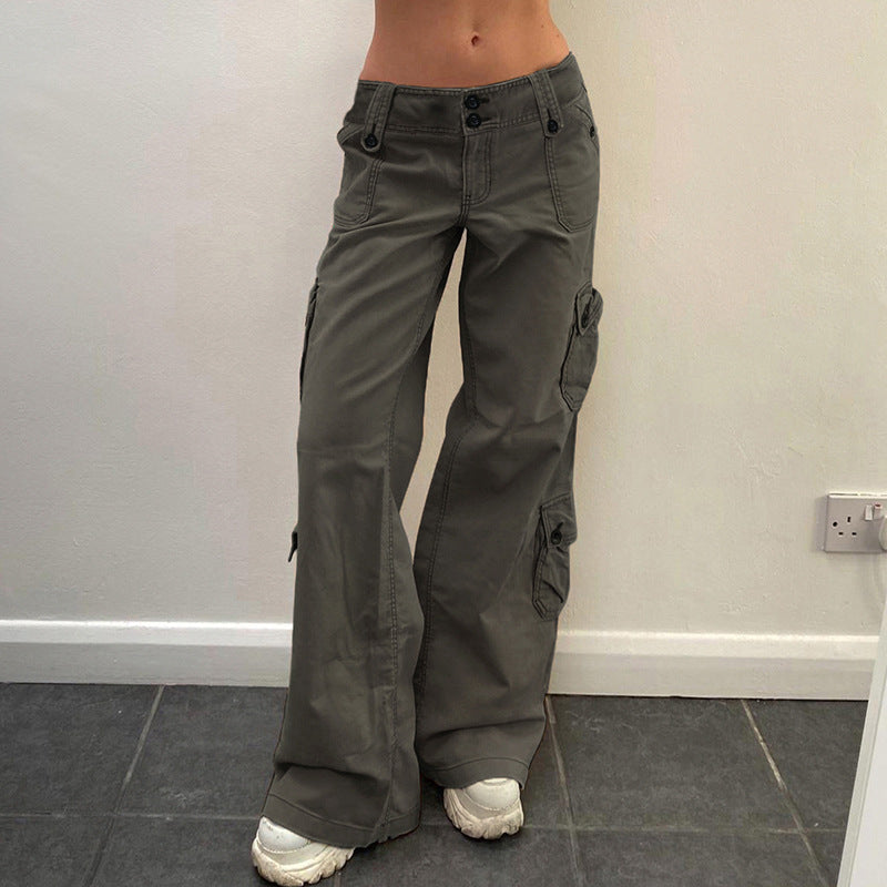 Damen Cargo-Hose mit hoher Taille, weitem Bein und mehreren Klappentaschen Drune