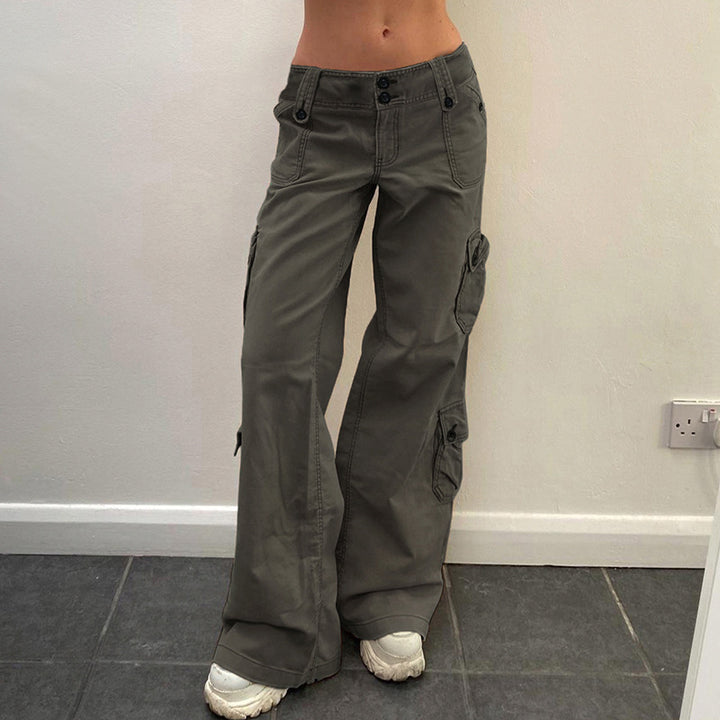 Damen Cargo-Hose mit hoher Taille, weitem Bein und mehreren Klappentaschen Drune