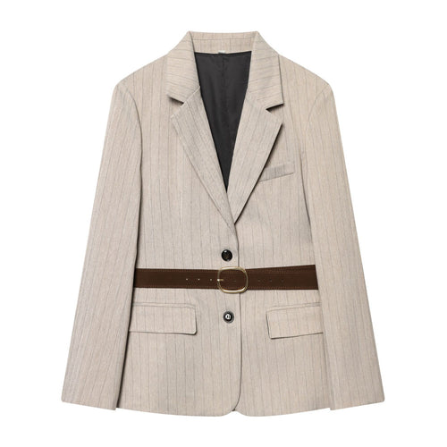 Damen nan taillierter Nadelstreifen-Blazer mit dekorativem Gürtel und Pattentaschen Drune