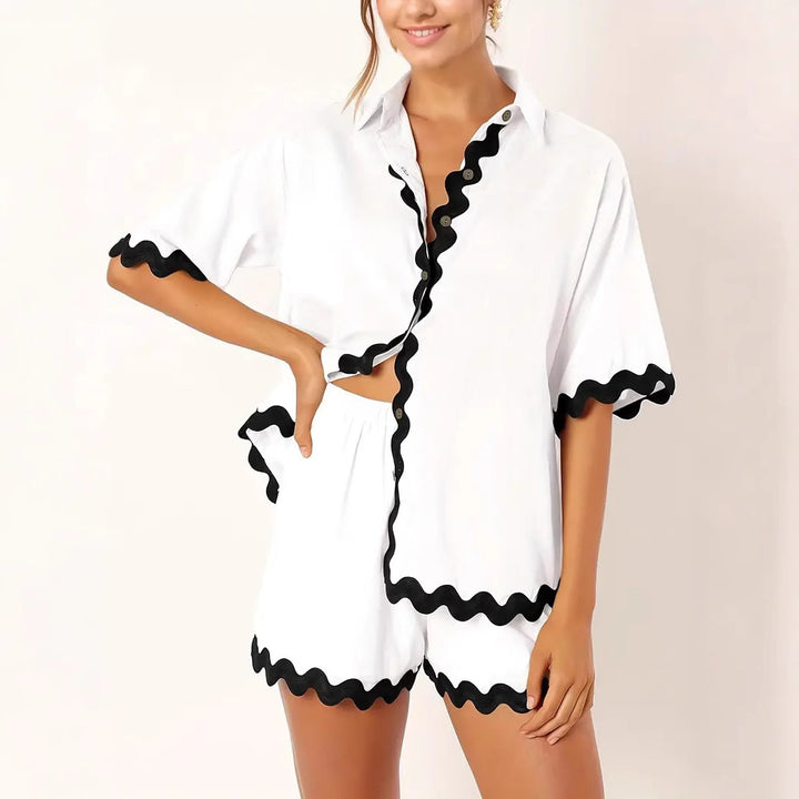 Damen Freizeit Blusen-Shorts Set mit eleganten Wellenkanten Drune