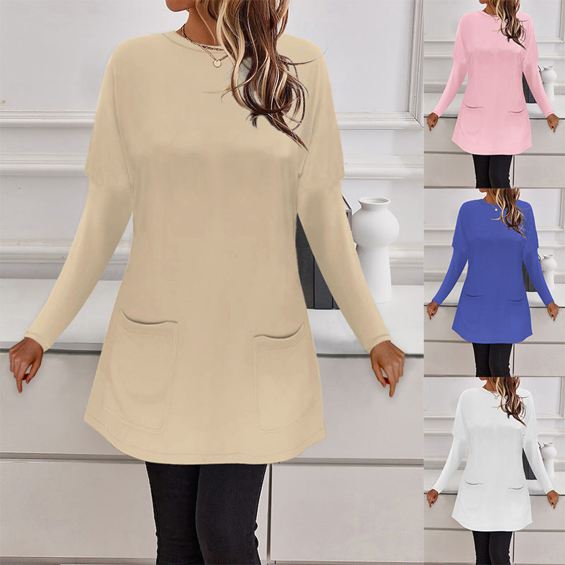 Damen Longline Feinstrick-Tunika mit Rundhalsausschnitt und aufgesetzten Taschen Drune