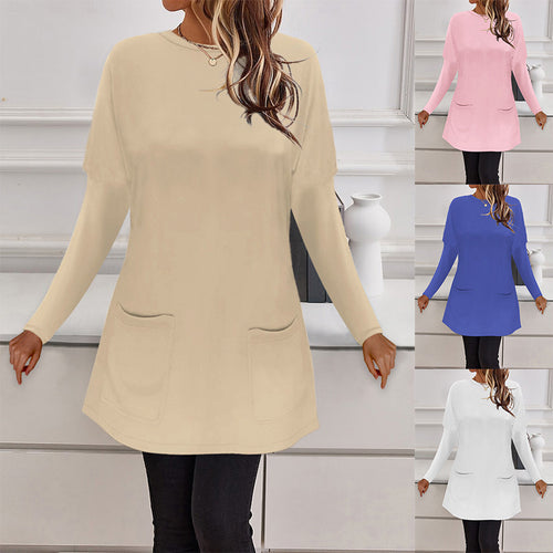 Damen Longline Feinstrick-Tunika mit Rundhalsausschnitt und aufgesetzten Taschen Drune
