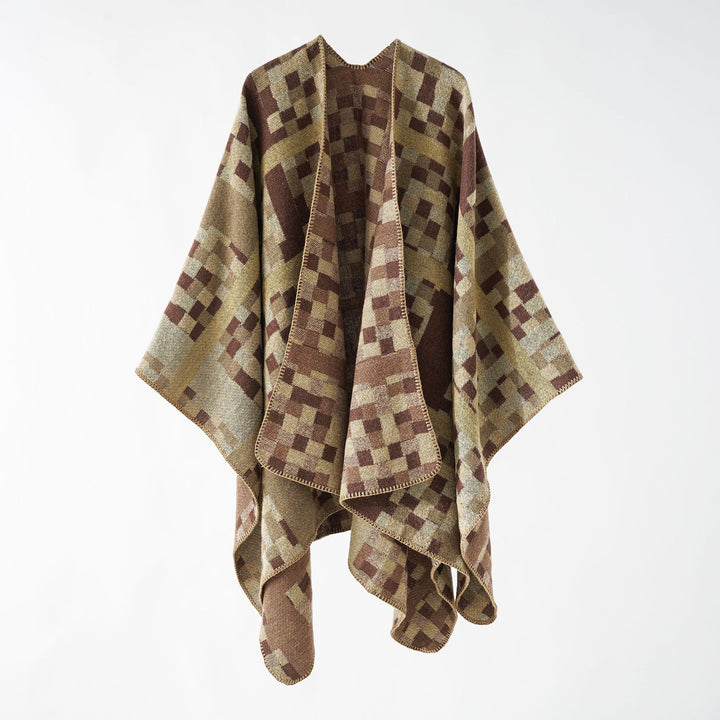 Damen Kastiger Webponcho mit grafischem Jacquard und Kettelkante Drune