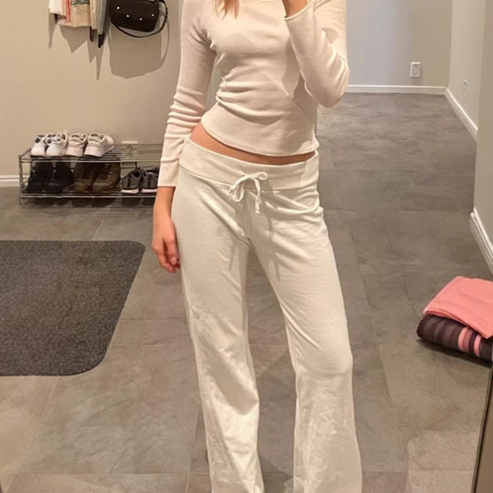 Damen Lounge-Hose mit hohem Bund, Kordelzug und geradem Bein Drune