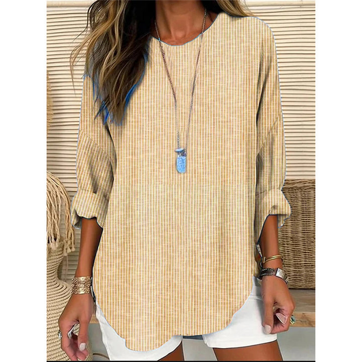 Damen Casual Leinenlook Lange Bluse mit feinen Streifen Drune