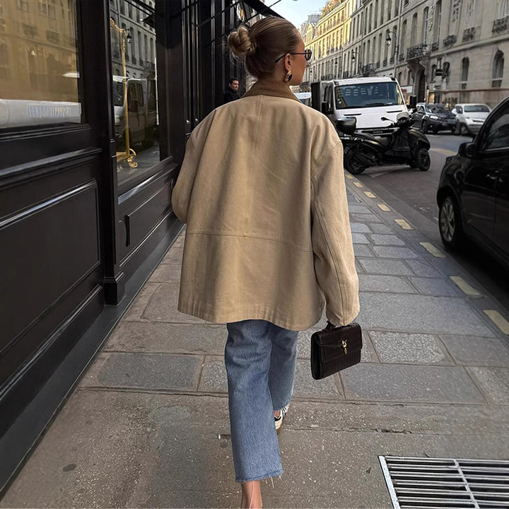 Damen Oversize-Fieldjacke mit Cordkragen, großen Pattentaschen und Druckknopfverschluss Drune