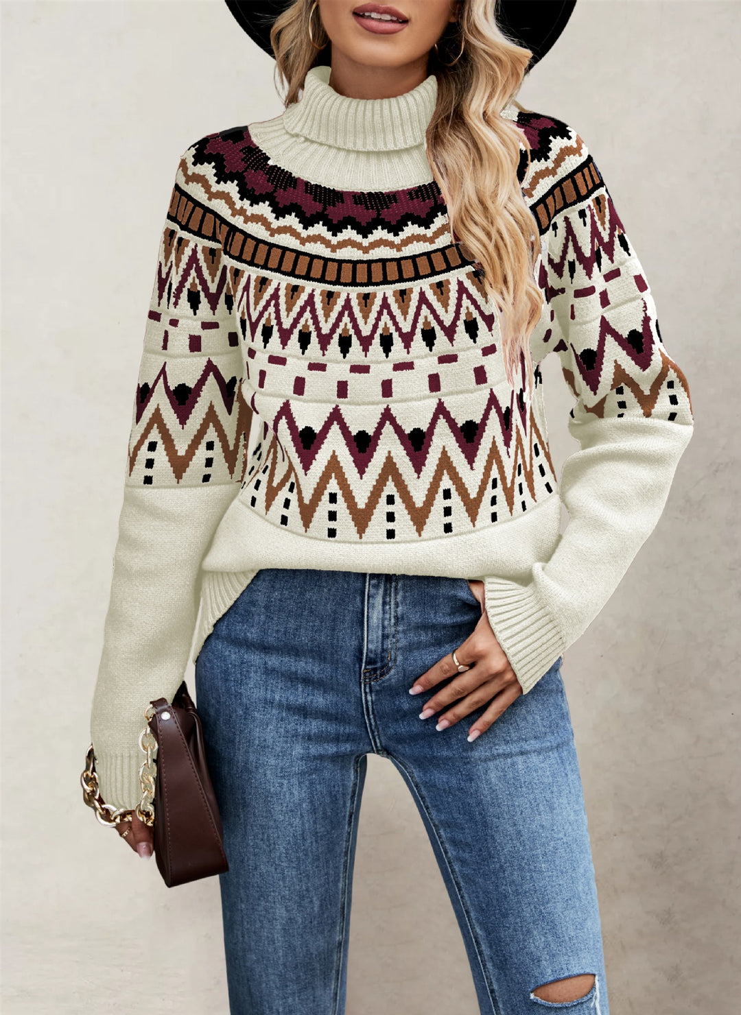 Damen Pullover mit hochschließendem Kragen und abwechslungsreichem Muster Drune