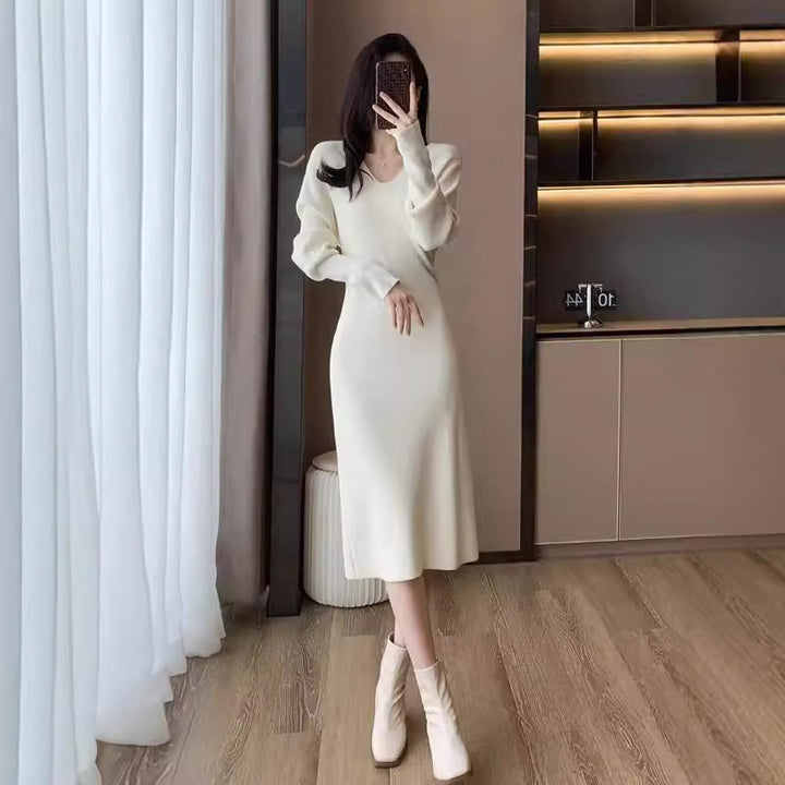 Damen Strickkleid mit tiefem V-Ausschnitt und speziell entwickelter Struktur Drune