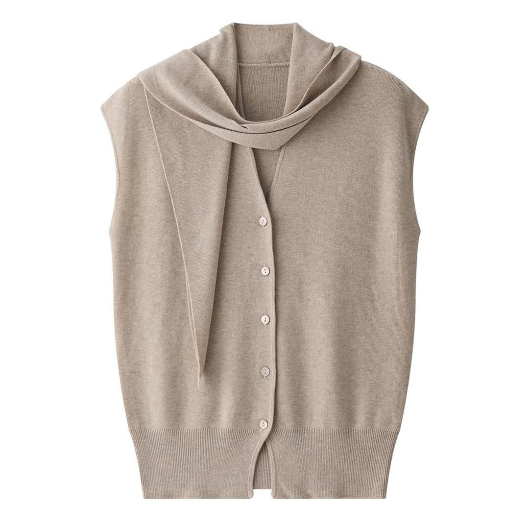 Damen Ärmellose Feinstrick‑Weste mit V‑Ausschnitt, Knopfleiste und Bindeband‑Taille Drune