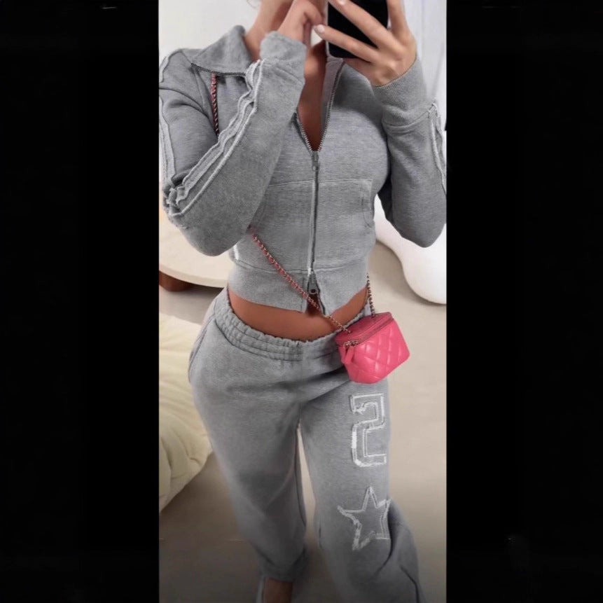 Damen nan taillierte Cropped-Kapuzenjacke mit durchgehendem Reißverschluss, elastischem Abschlussbund und dekorativem College-Print Drune