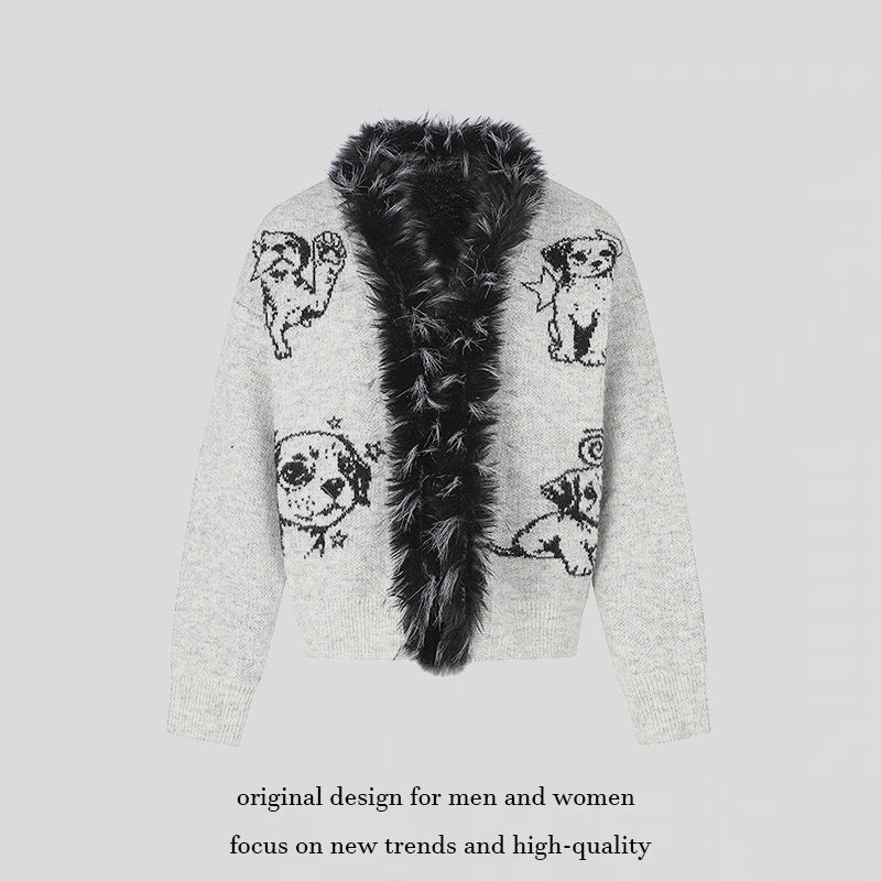 Damen Strickjacke mit Kunstfellkragen und illustrativem Hundemotiv Drune