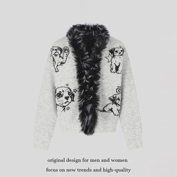 Damen Strickjacke mit Kunstfellkragen und illustrativem Hundemotiv Drune