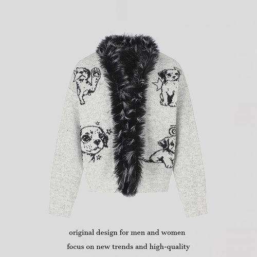 Damen Strickjacke mit Kunstfellkragen und illustrativem Hundemotiv Drune