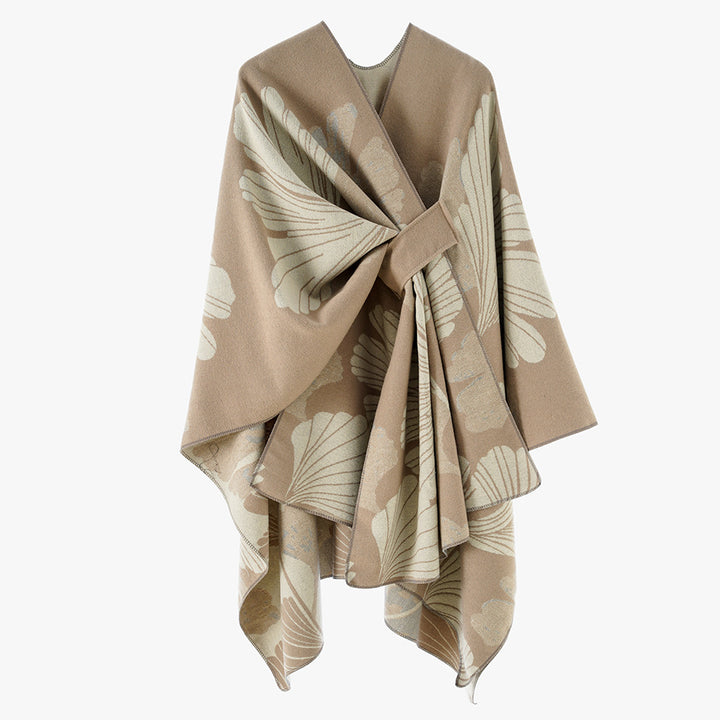Damen Oversize-Jacquard-Cape aus Wollmix mit floralem Jacquard und Frontschlaufe Drune