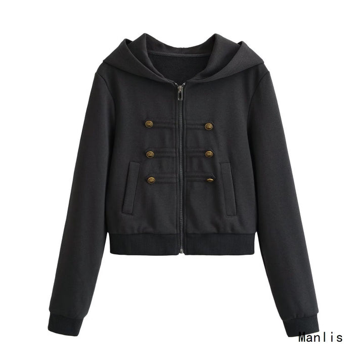 Damen Cropped Kapuzenblouson im Military‑Look mit Zierknopfleiste und geripptem Saum Drune