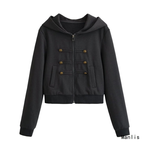 Damen Cropped Kapuzenblouson im Military‑Look mit Zierknopfleiste und geripptem Saum Drune
