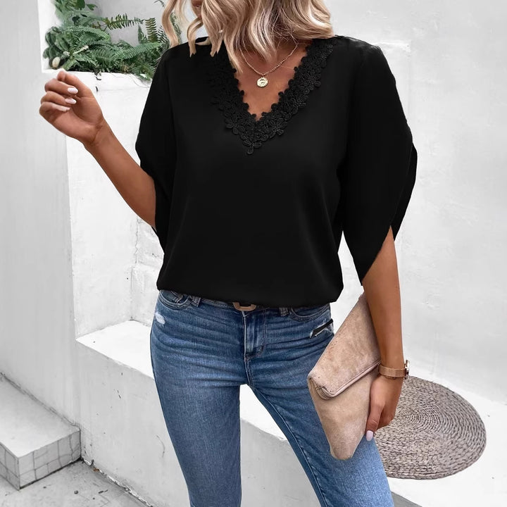 Damen Elegante V-Ausschnitt Bluse mit floraler Spitzenkante und Fledermausärmeln Drune
