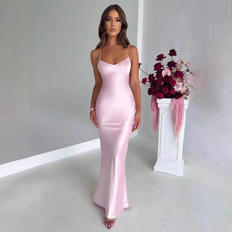 Damen Glamouröses Langarm-Maxi-Kleid mit verstellbaren Trägern und figurbetontem Schnitt Drune