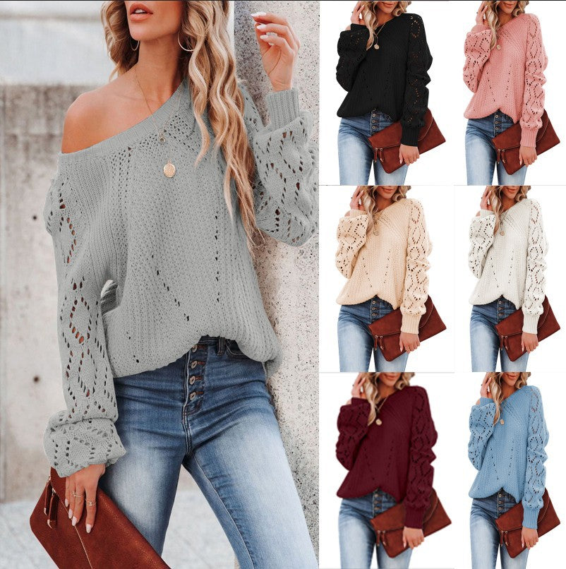Damen Eleganter Strickpullover mit luftiger Häkelstruktur und weiten Ärmeln Drune
