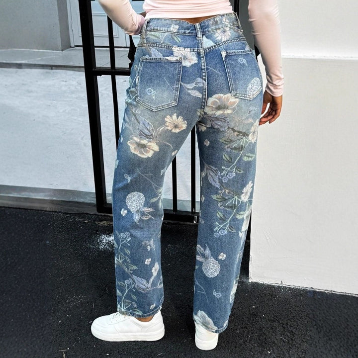 Damen High-Waist Straight-Jeans mit floralem Print und relaxed Fit Drune