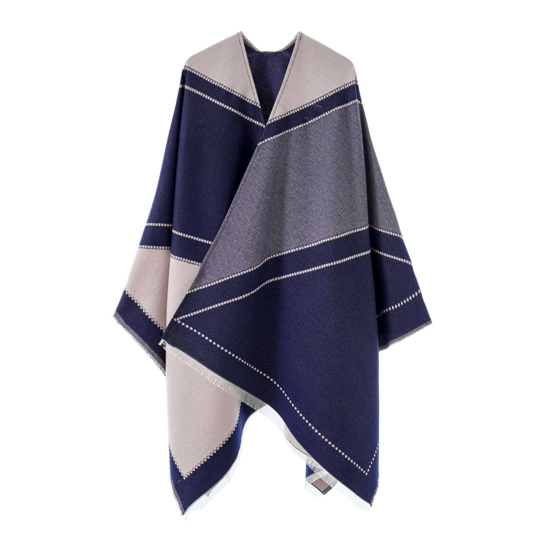 Damen Großer Wollmix Fransenponcho mit diagonalen Kontraststreifen Drune