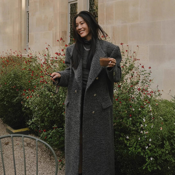 Damen Maxilanger Oversize-Wollmix-Mantel doppelreihig mit kastiger Silhouette und aufgesetzten Pattentaschen Drune
