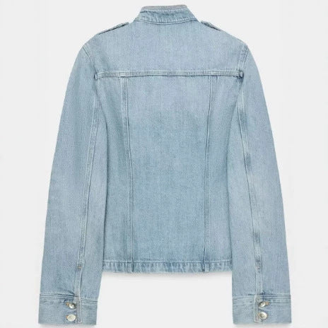 Damen Jeansjacke im Utility-Look mit Stehkragen, Pattentaschen und Schulterpatten Drune