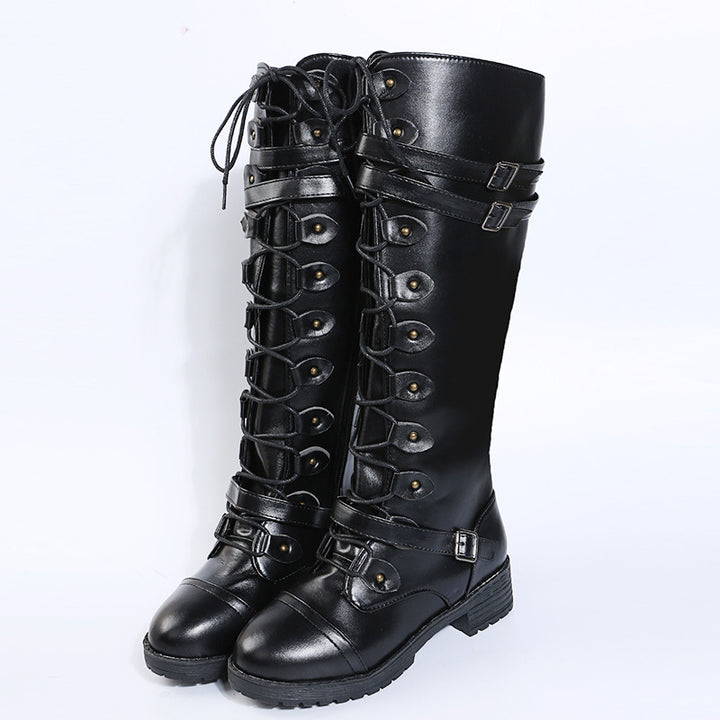 Damen  kniehohe Schnürstiefel mit seitlichem Reißverschluss, verstellbaren Zierriemen und profilierter Gummisohle Drune