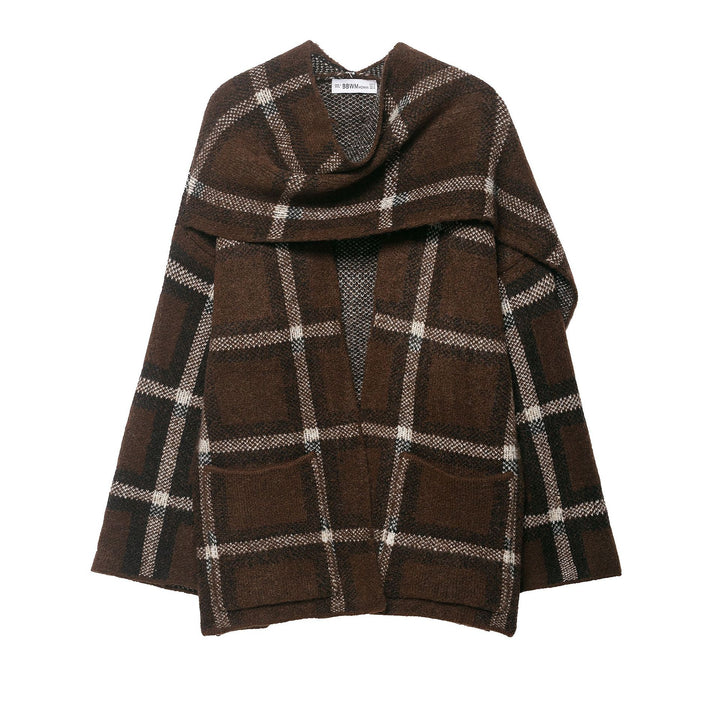 Damen Oversize Cape-Cardigan mit Kapuze, aufgesetzten Taschen und Karomuster Drune
