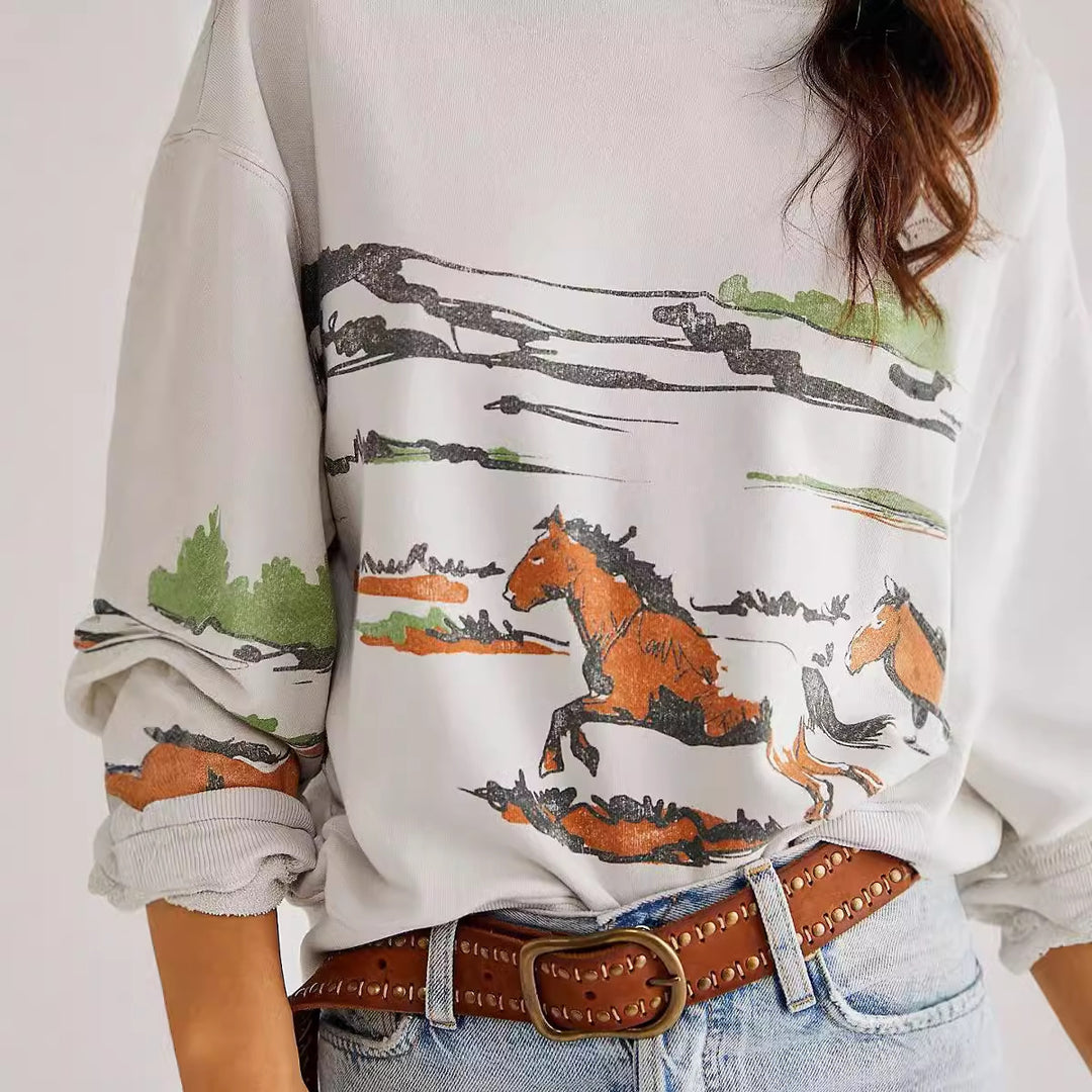 Damen Sweatshirt mit kreativer Pferdemotiv-Grafik und lässigem Schnitt Drune
