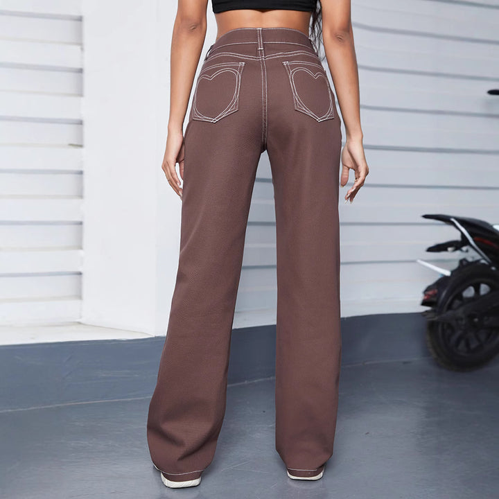 Damen Relaxed-Fit Chino-Hose mit hoher Taille und sichtbaren Kontrastnähten Drune