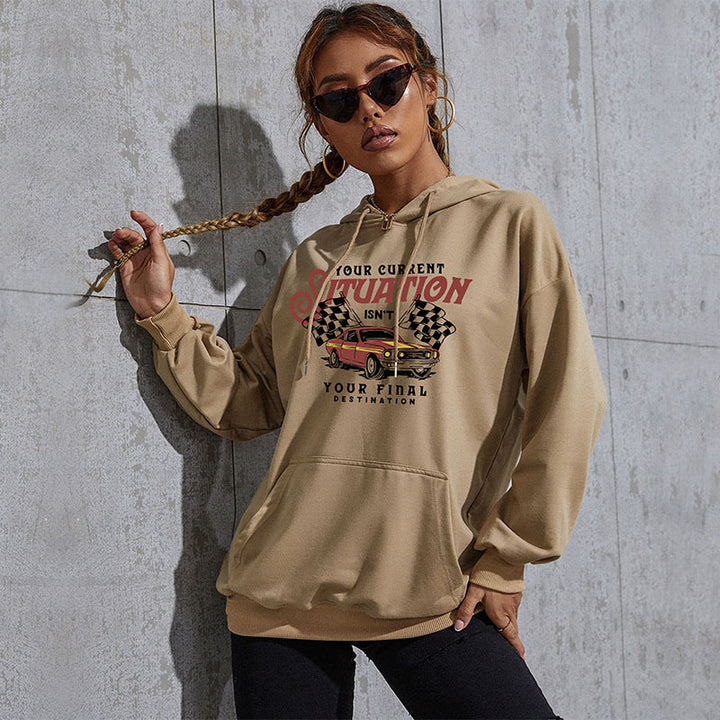Damen Oversize-Kapuzenpullover mit Vintage-Racer-Print, Kängurutasche und geripptem Saum Drune