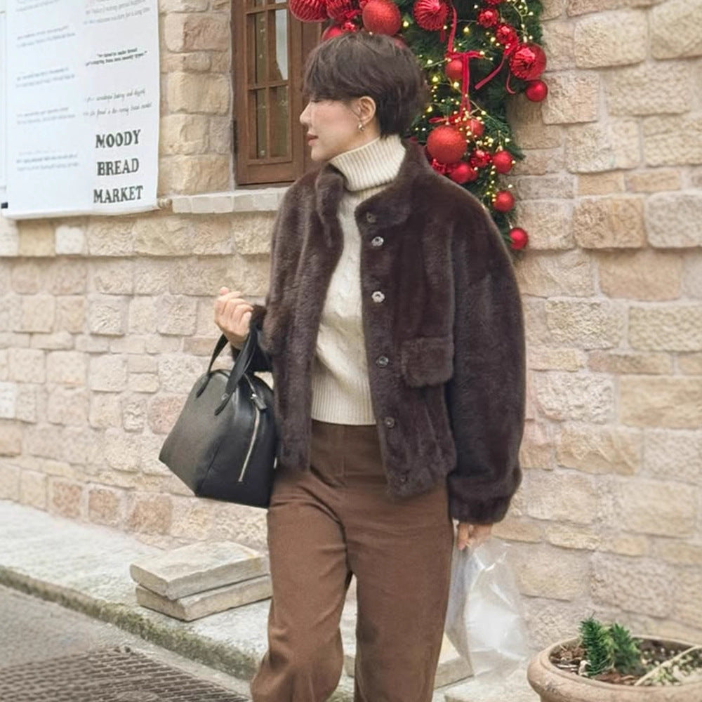Damen Kurzjacke im Teddy‑Fauxfur mit Boxy‑Silhouette und aufgesetzter Tasche Drune