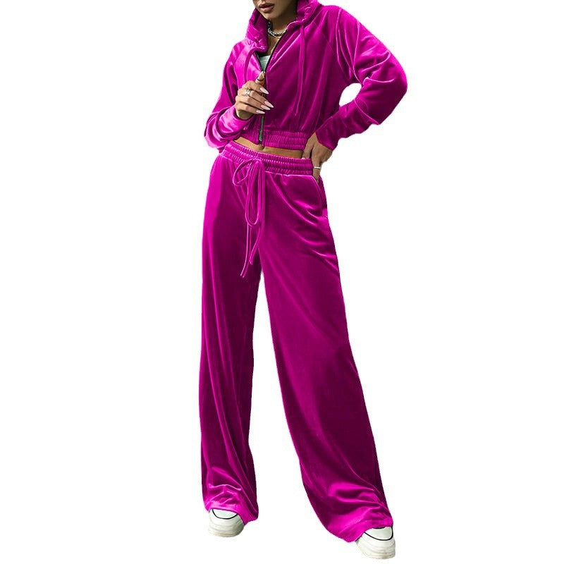 Damen Sportlicher Velour-Jogginganzug mit hohem Bund Drune