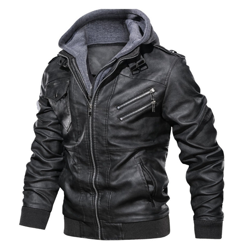 Herren Kunstleder-Bomberjacke mit Kapuze Fleece-Innenfutter und Multifachtaschen Drune