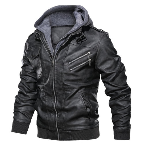 Herren Kunstleder-Bomberjacke mit Kapuze Fleece-Innenfutter und Multifachtaschen Drune