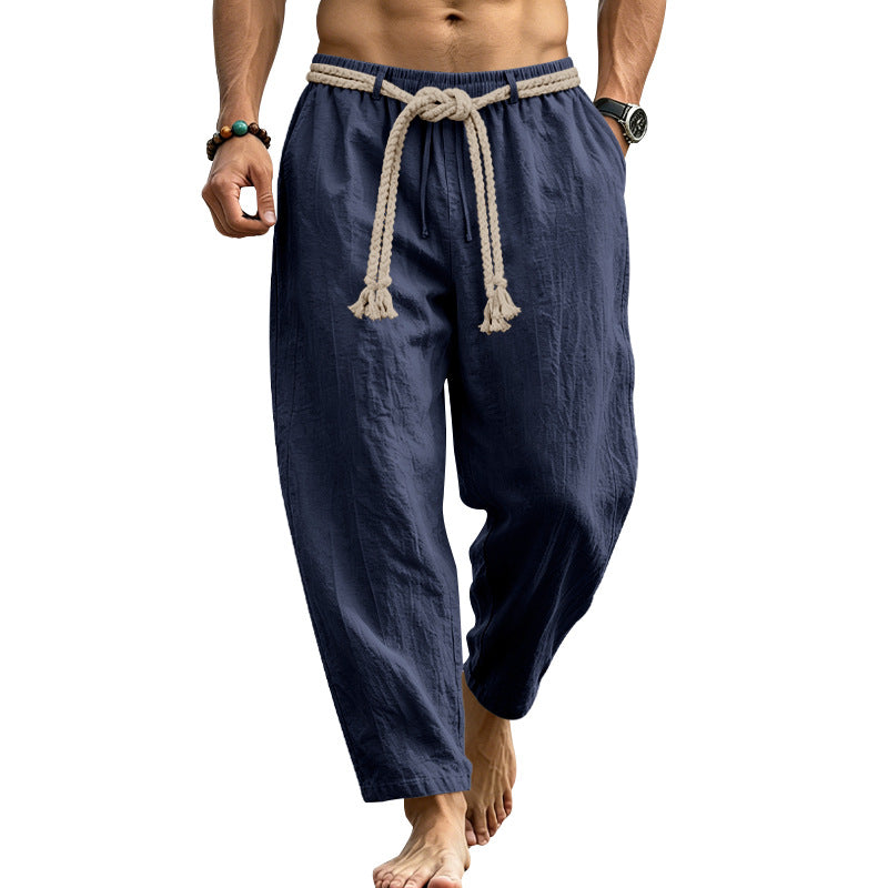 Herren lässige Leinen-Loungehose mit elastischem Bund, dekorativem Seilgürtel und Seitentaschen Drune